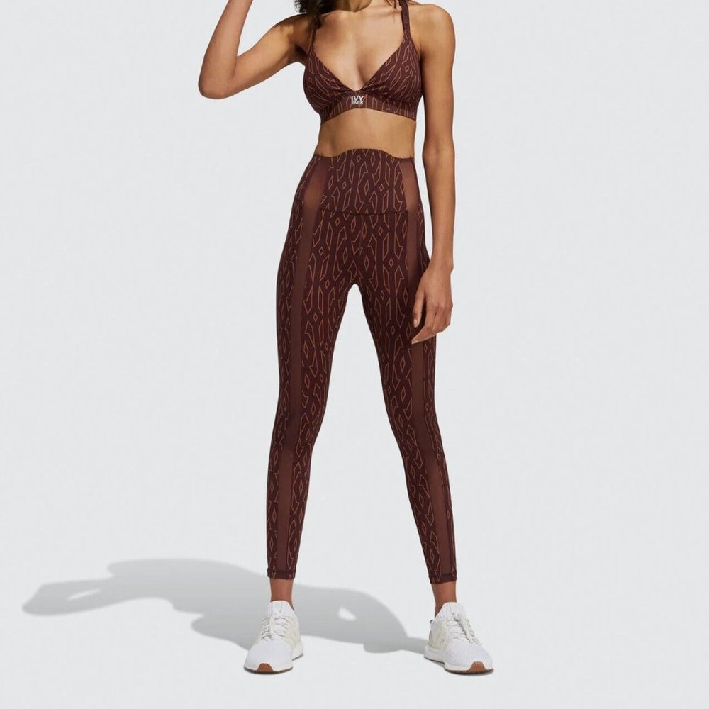Adidas Women's Brown Red Ivy Park Monogram Sheer Panel Tights HB8411
